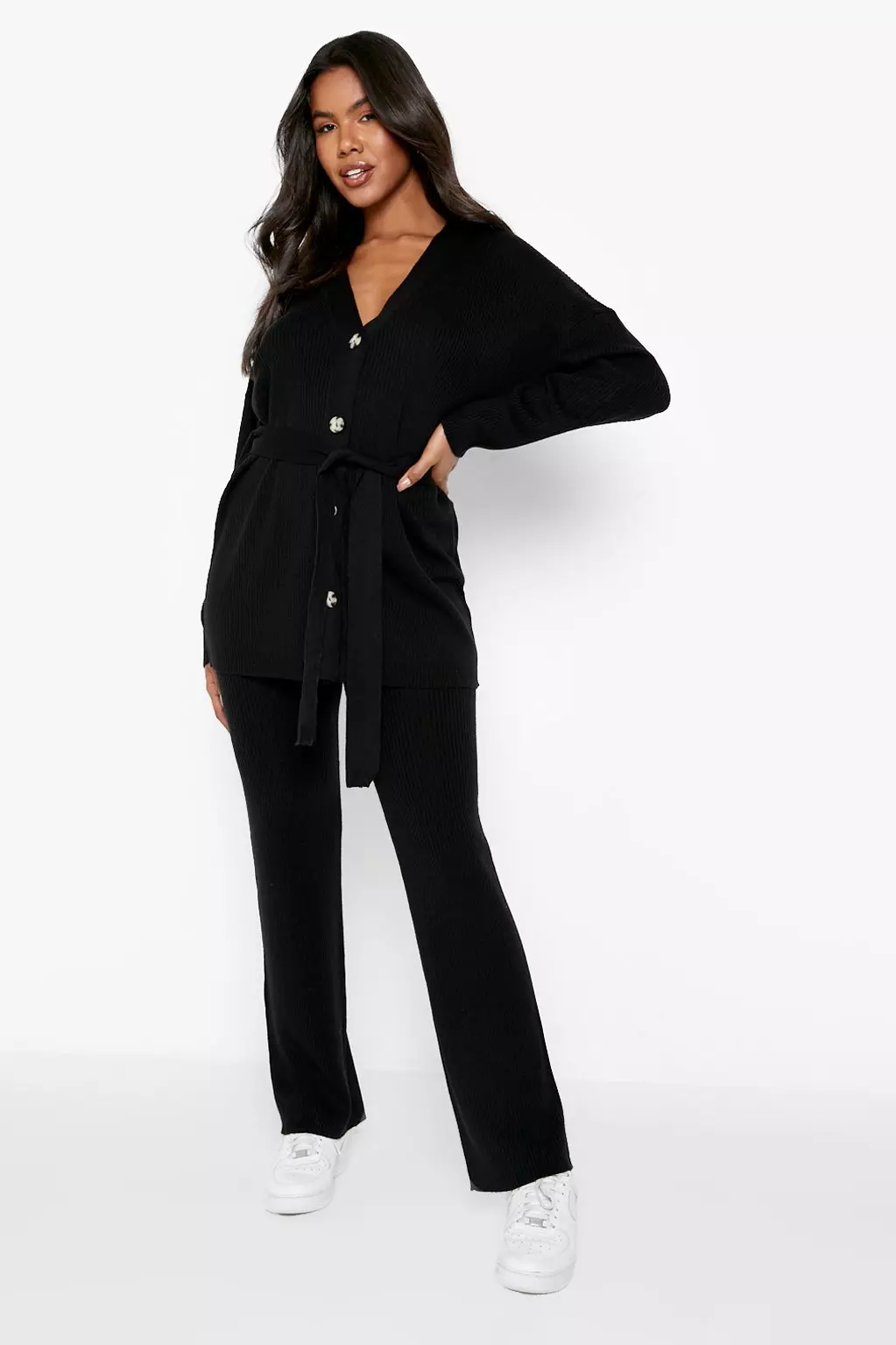 Black Slouchy Belted Cardigan And Wide Leg Knit Set alternative image