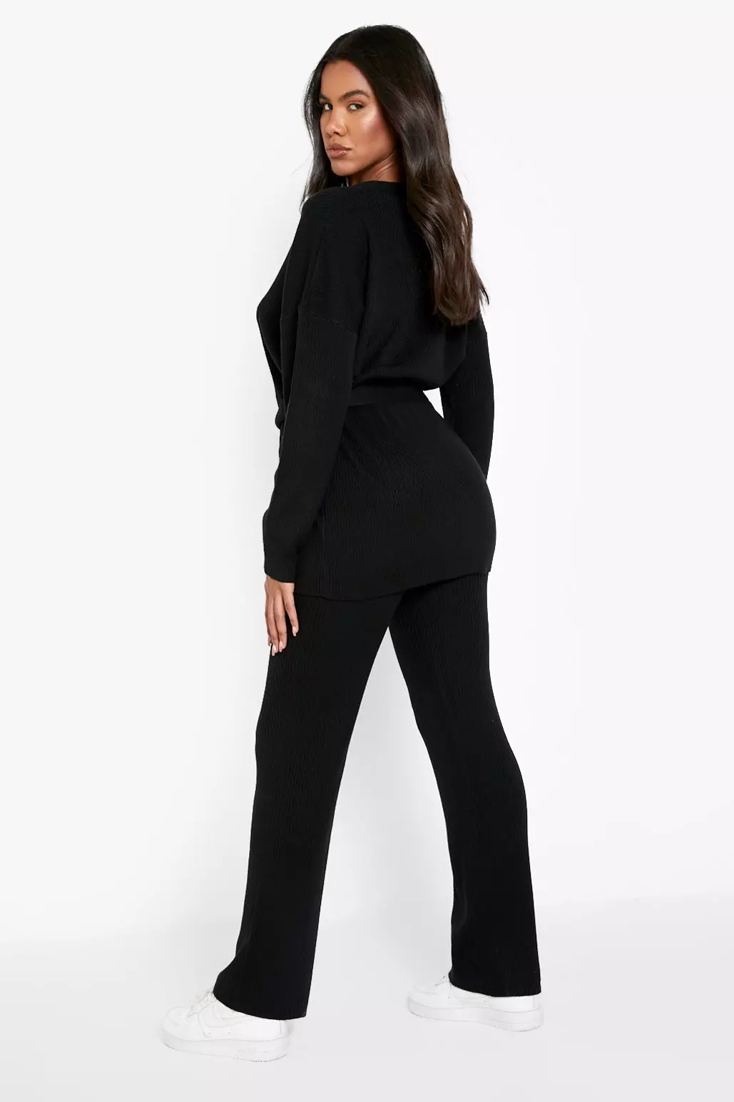 Black Slouchy Belted Cardigan And Wide Leg Knit Set alternative image