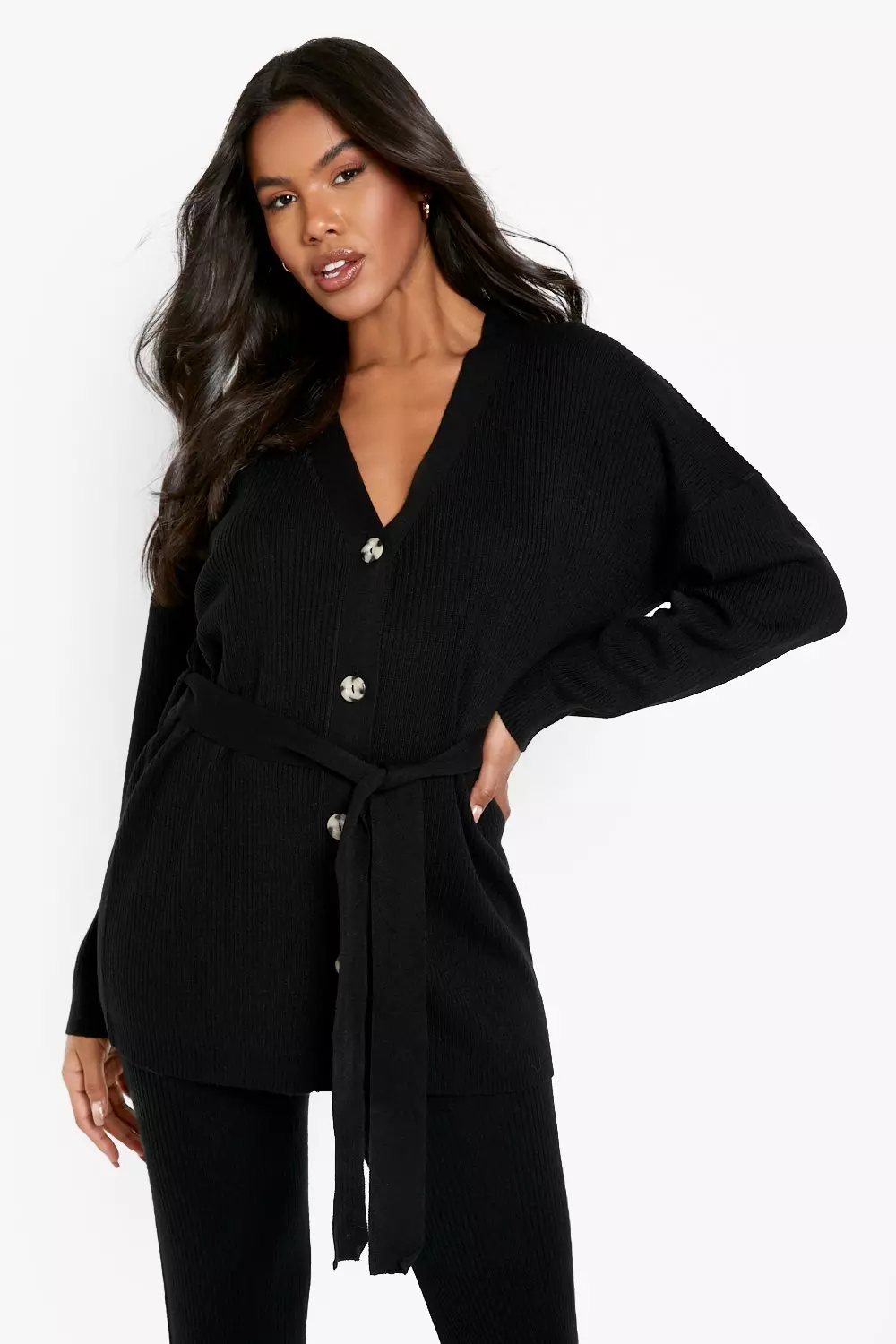 Black Slouchy Belted Cardigan And Wide Leg Knit Set alternative image