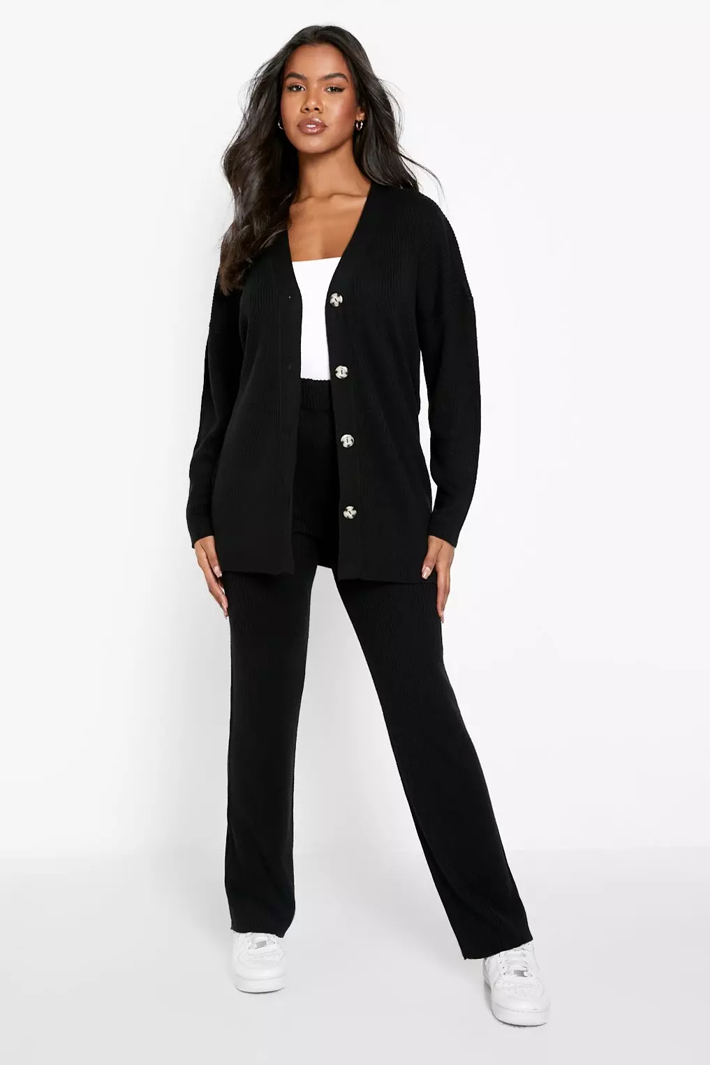 Black Slouchy Belted Cardigan And Wide Leg Knit Set alternative image
