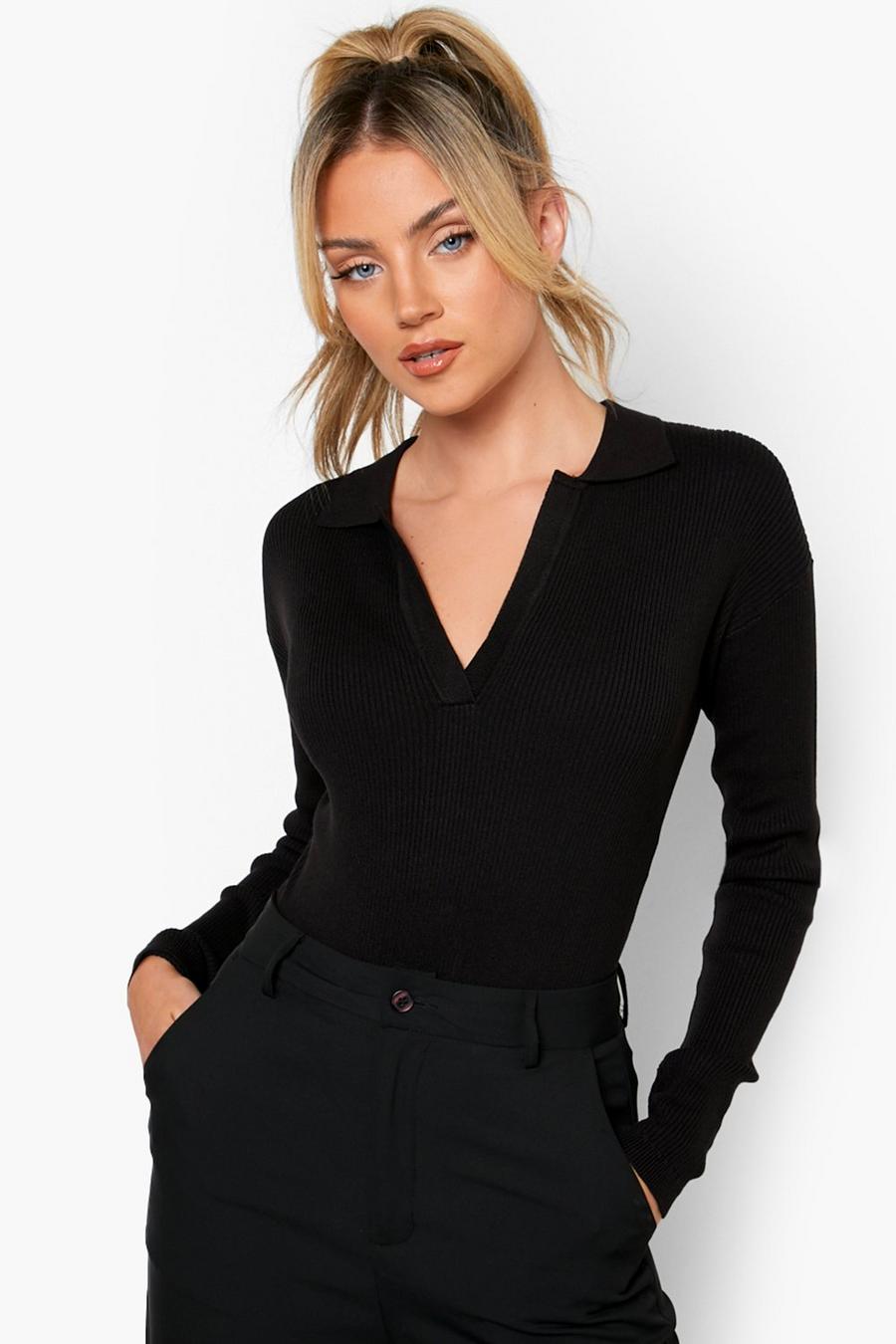 Black Polo Collar Knitted Rib Bodysuit image number 1