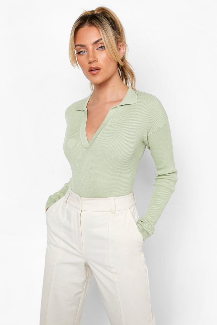 Pale green Polo Collar Knitted Rib Bodysuit image number 1