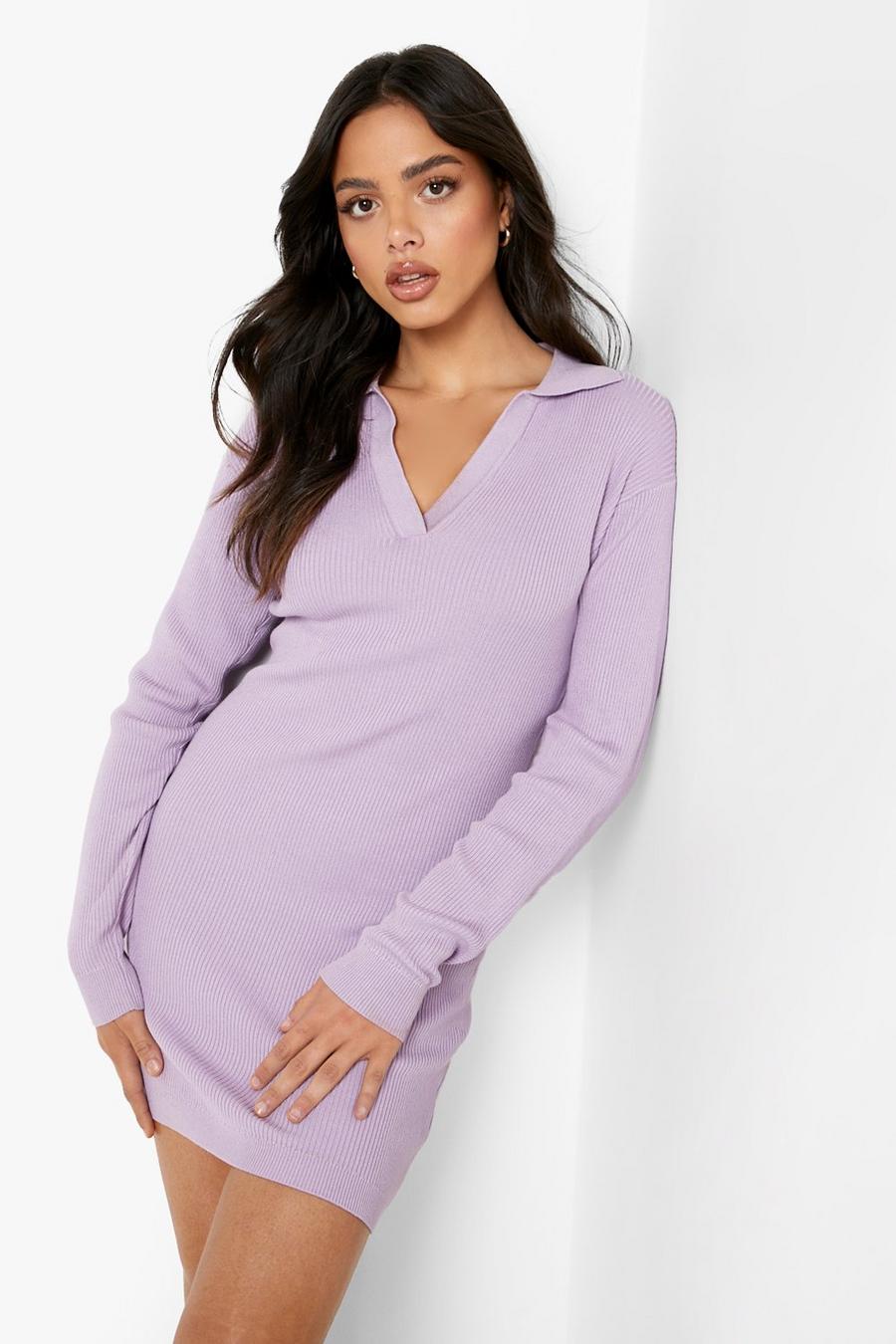 Lilac purple Polo Collar Knitted Mini Dress image number 1