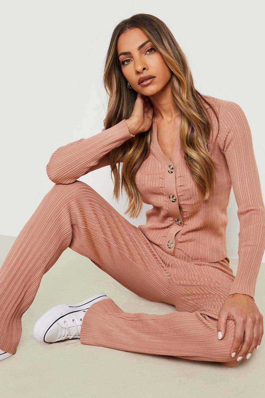Biscuit Ruched Knitted Shirt And Wide Leg Trouser Set image number 1
