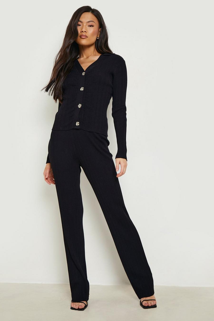Black Ruched Knitted Shirt And Wide Leg Pants Set image number 1