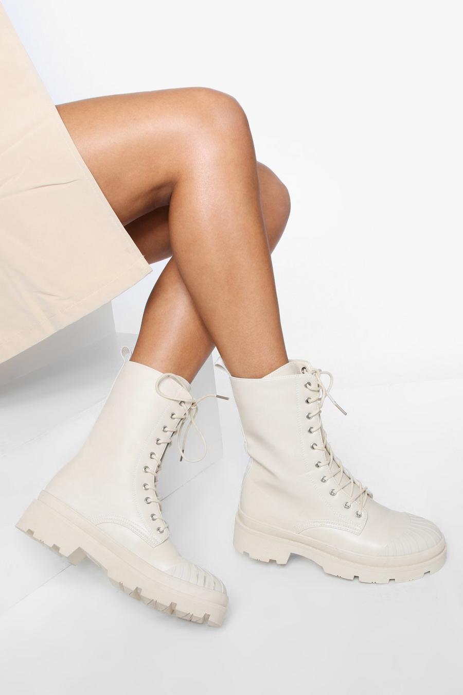 Cream Chunky Sole Toe Cap Combat Boots image number 1