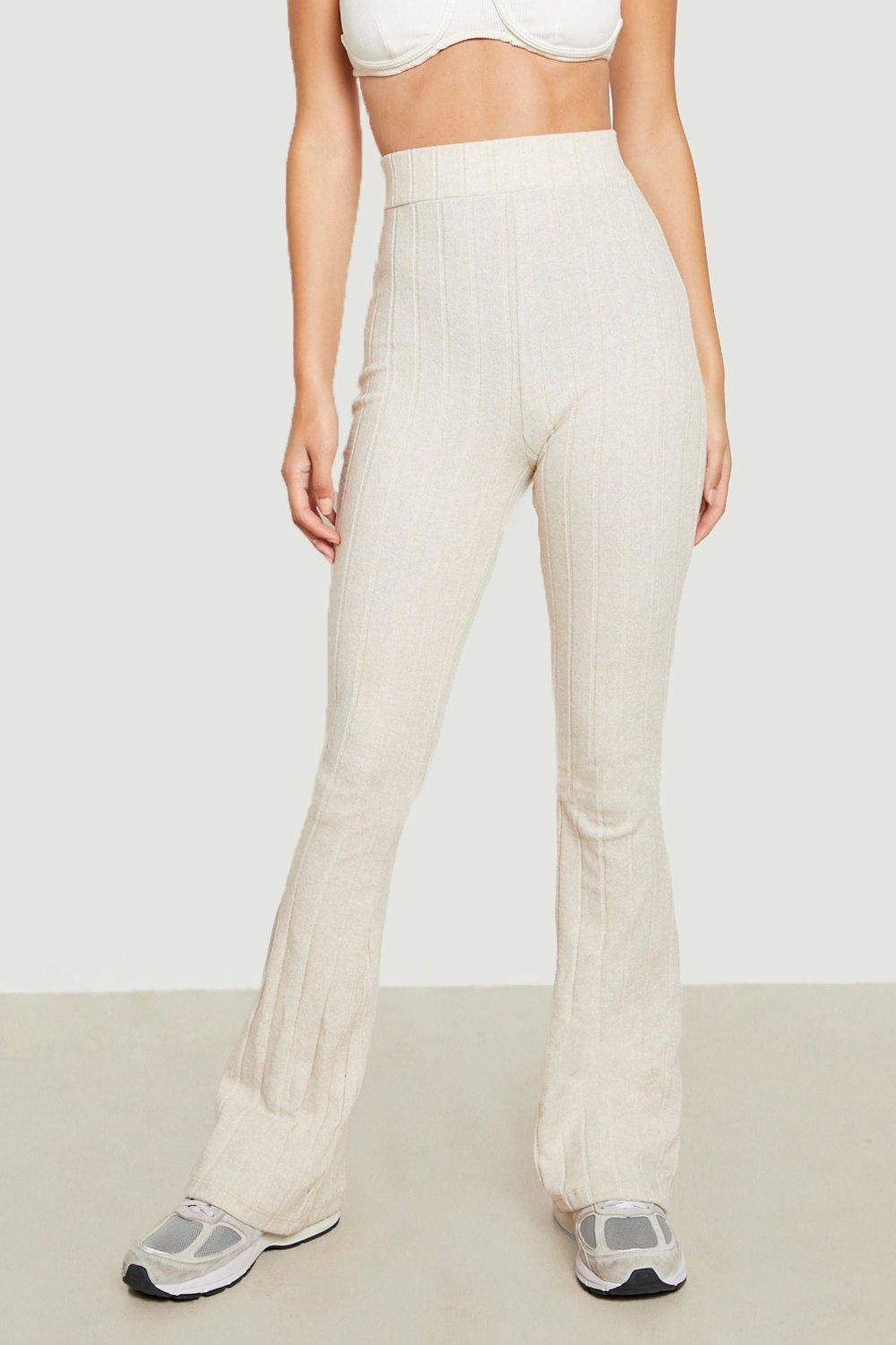 Buy Boohoo Crinkle Rib Thick Waistband Flare Pants In Beige