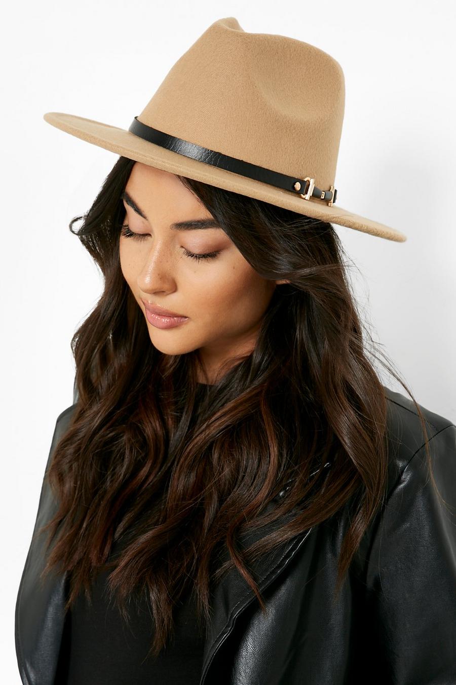 Tan brown Buckle Detail Fedora Hat