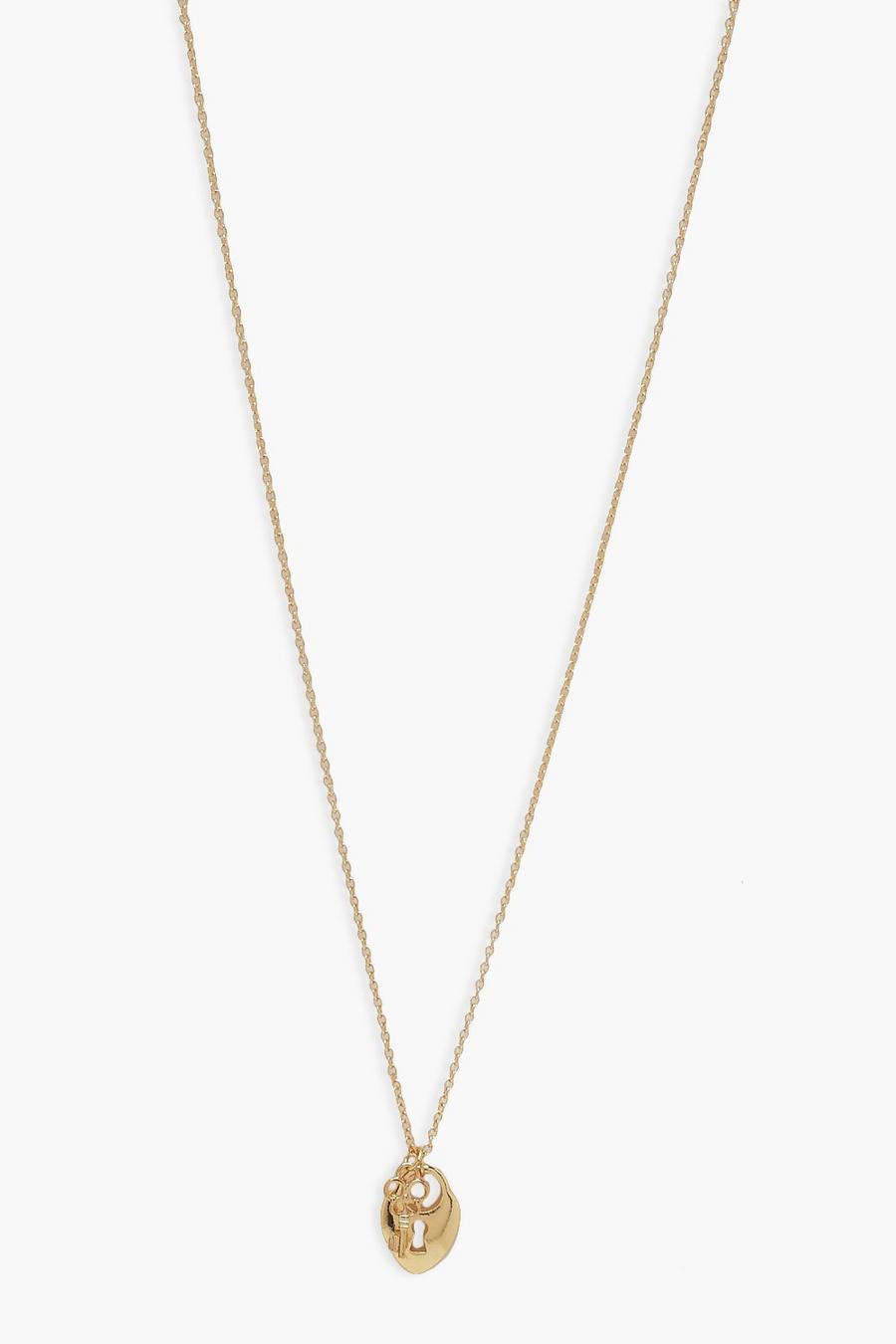 Gold Simple Heart Shape Padlock Key Necklace image number 1