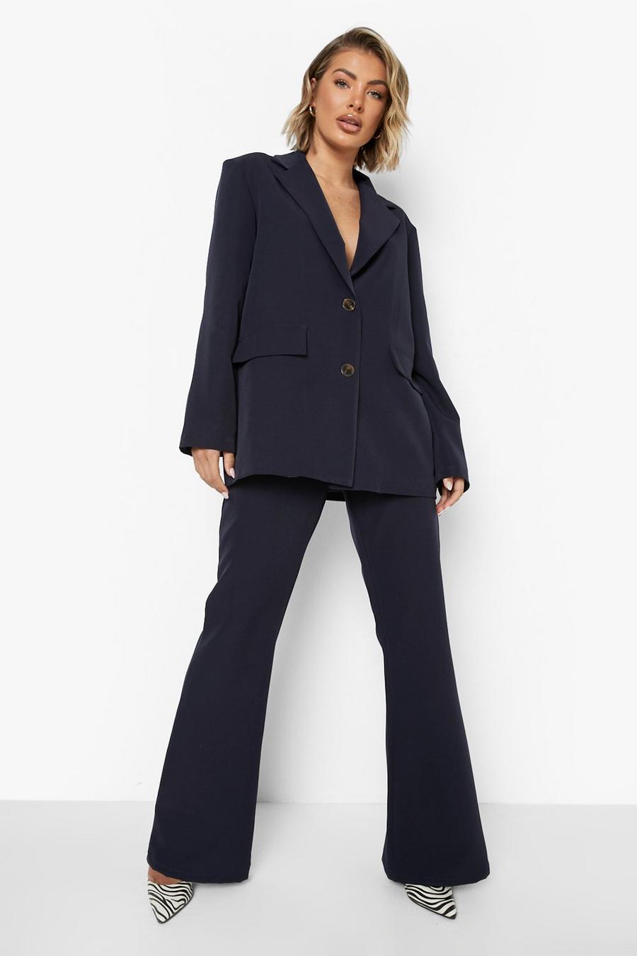 Navy Relaxed Fit Seam Front Wide Leg Trousers