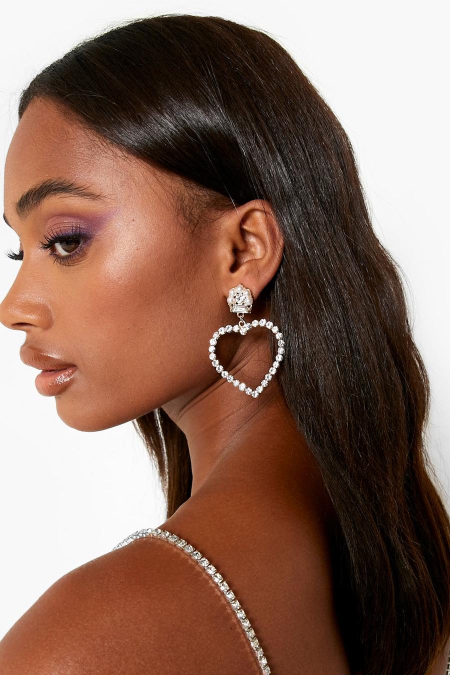 Gold metallic Pearl & Diamante Heart Statement Earrings