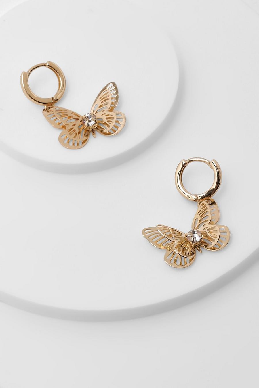 Pendientes de aro mini con mariposas, Gold metálicos