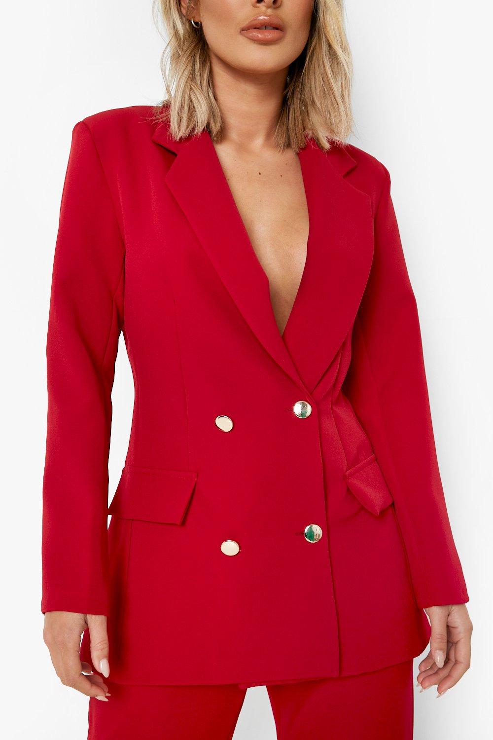 red double breasted blazer with gold buttons