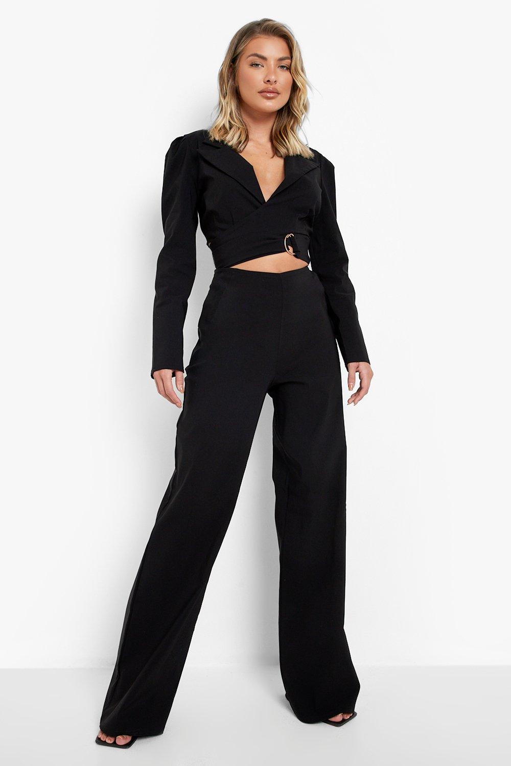 black stretch wide leg trousers