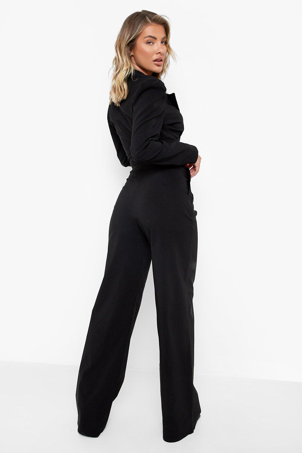 black stretch wide leg trousers