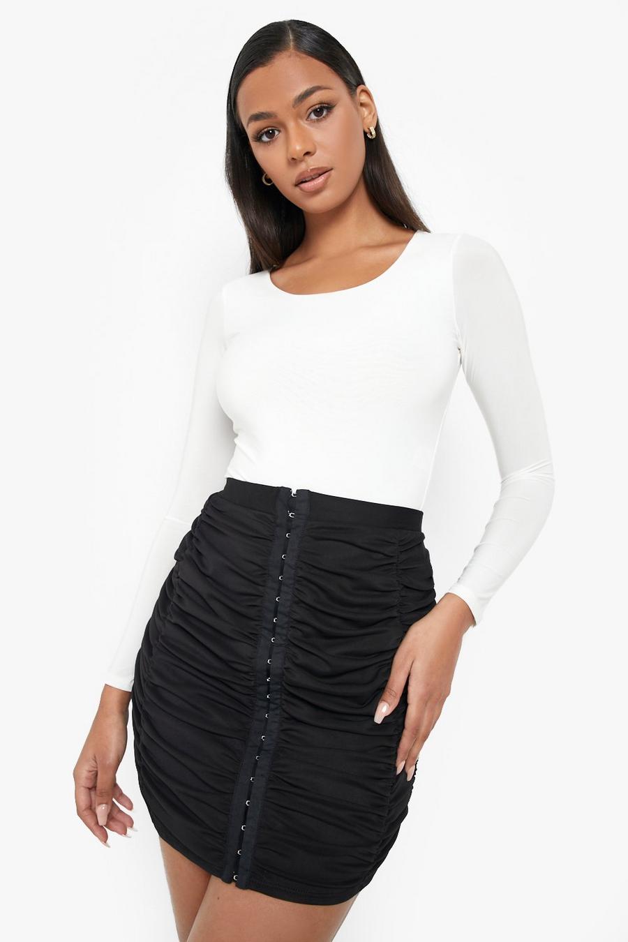 Black All Over Ruched Hook And Eye Mesh Mini Skirt image number 1