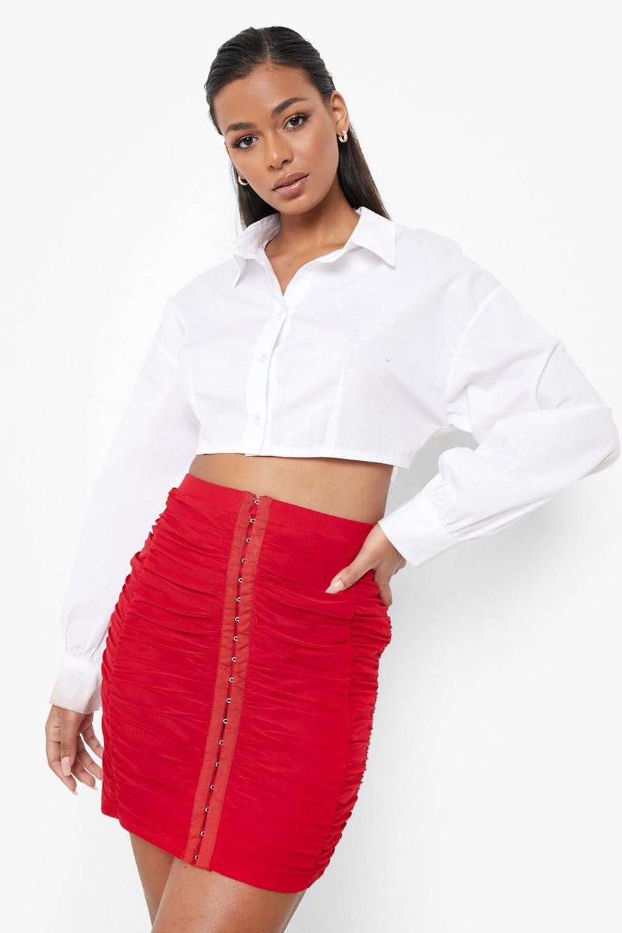 Red All Over Ruched Hook And Eye Mesh Mini Skirt image number 1