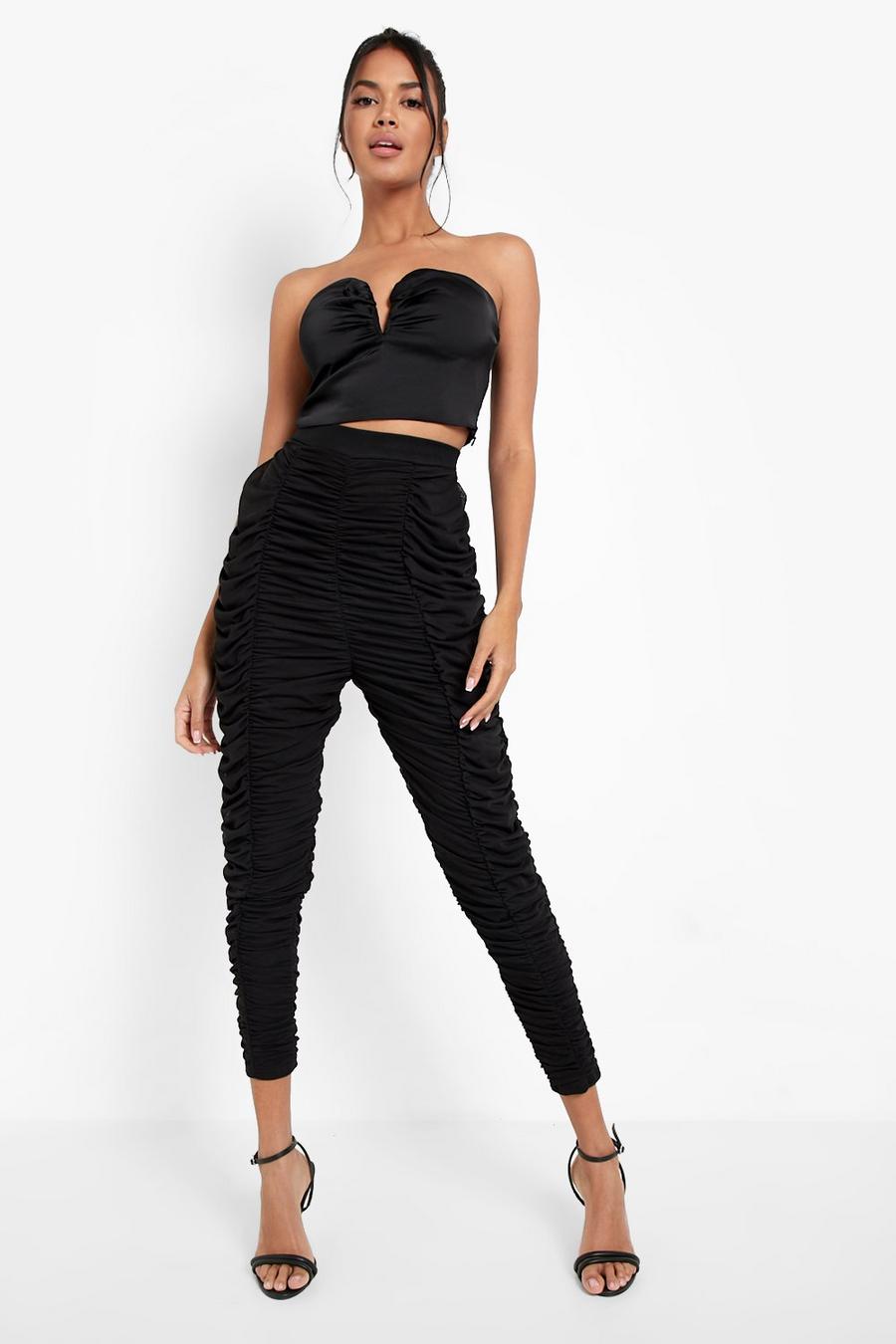 Black All Over Ruched Mesh Skinny Trousers