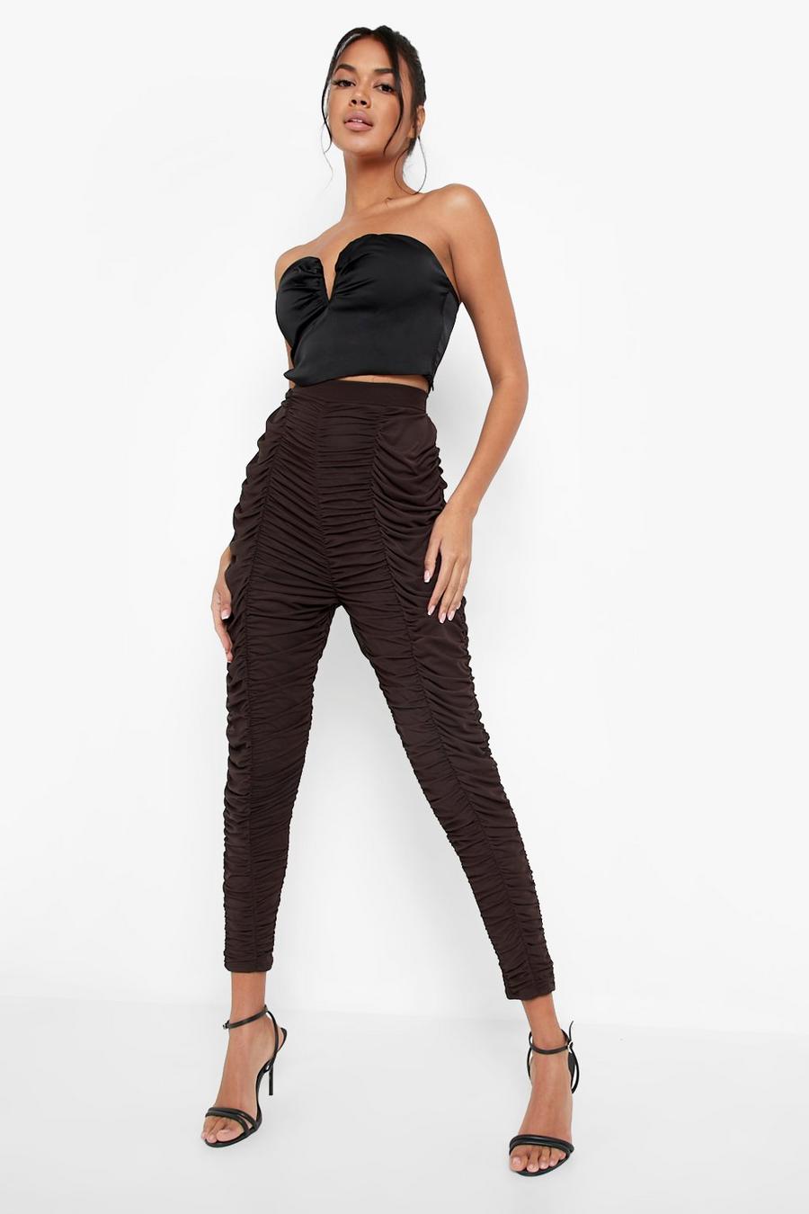 Brown All Over Ruched Mesh Skinny Pants image number 1