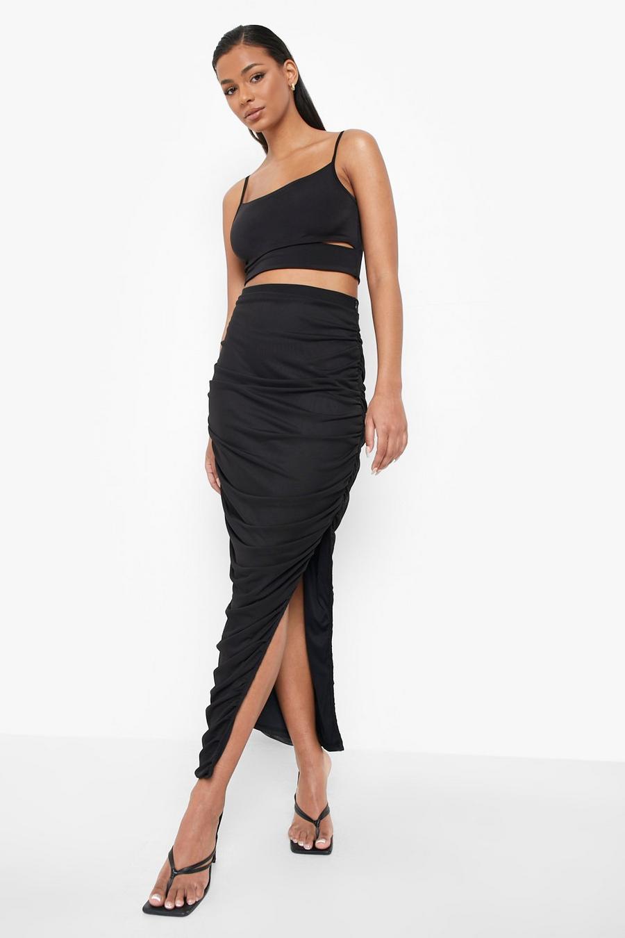 Black All Over Ruched Split Side Mesh Midi Skirt image number 1
