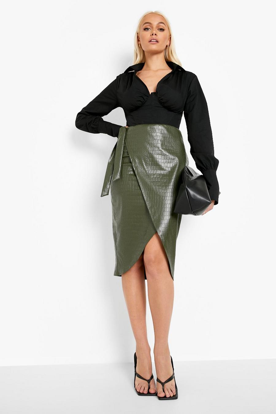 Sage green Croc Pu Tie Wrap Midi Skirt