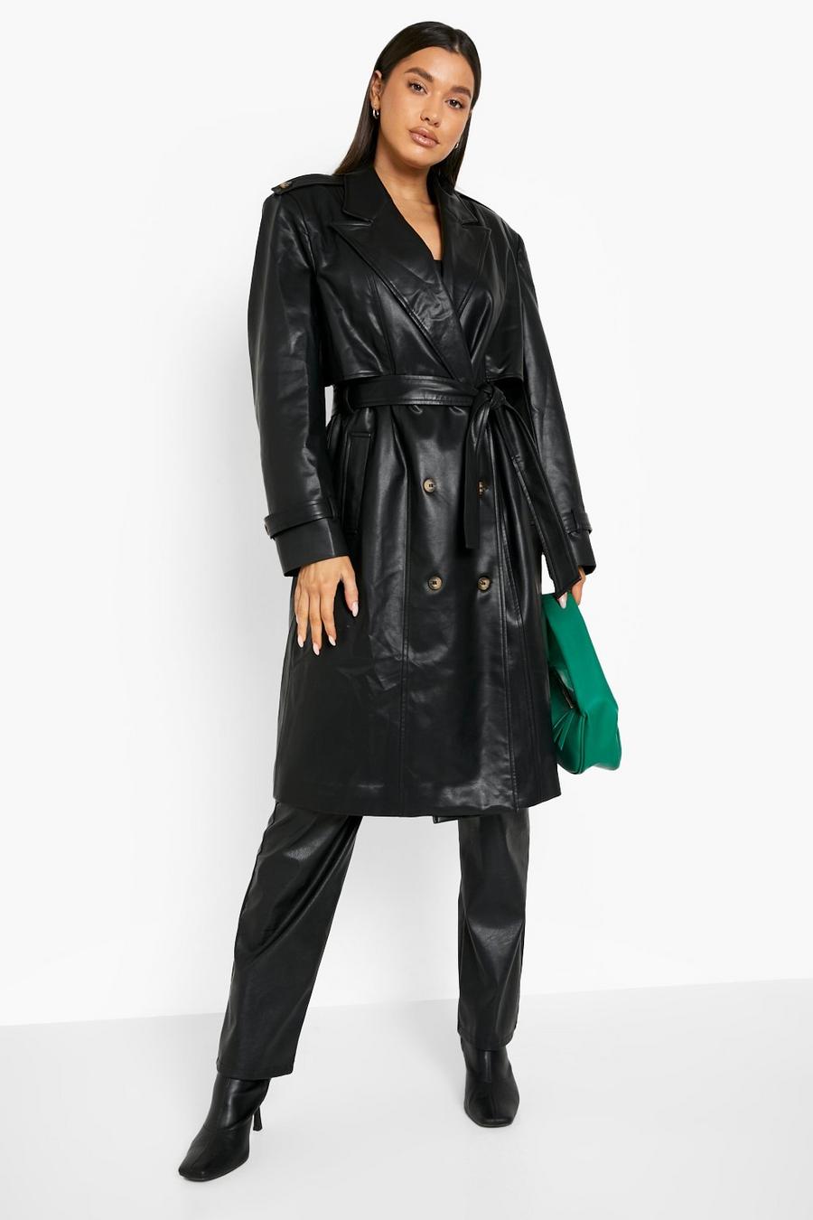 Black negro Faux Leather Trench Coat