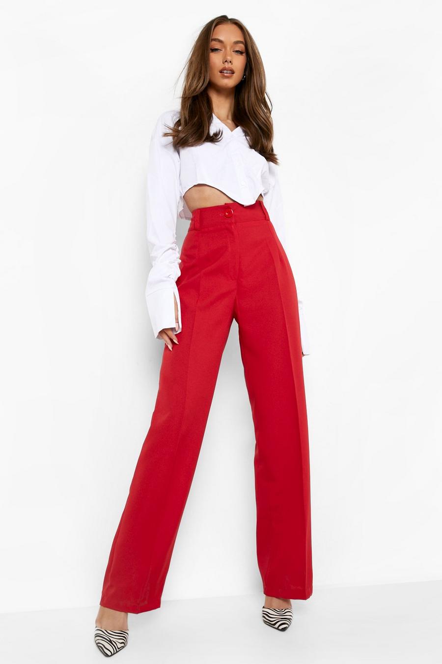 Pantalon droit effet plissé, Red