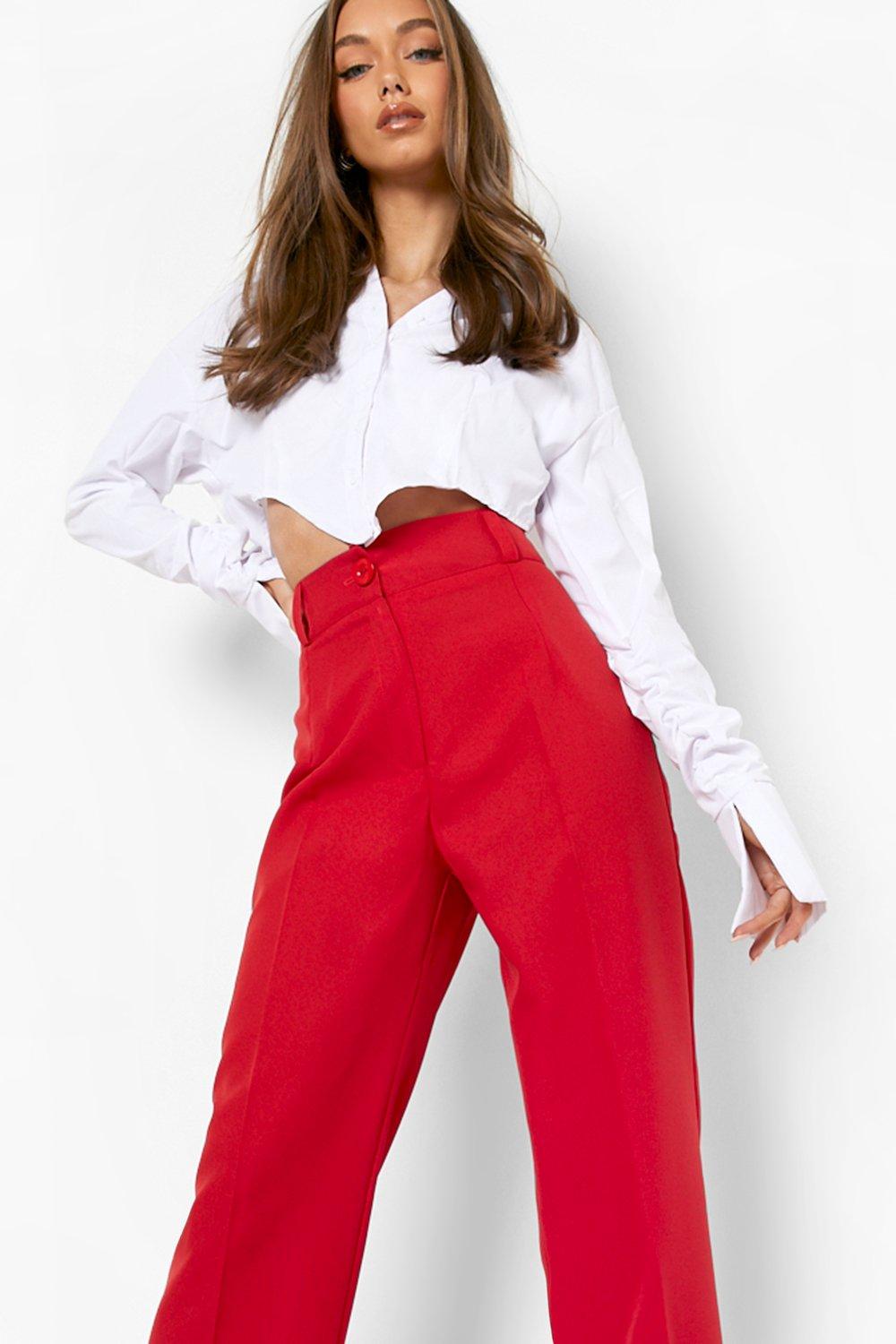 JWZUY Womens Wide Leg Pants Straight Trouser Elastic High Waist Full Pants  Plus Size Solid Pleated Pant Culottes Pant with Pocket Red XL