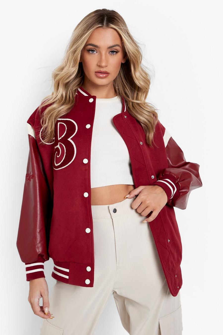 Giacca Bomber oversize stile Varsity con maniche in PU, Red image number 1