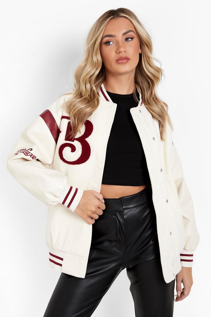 Giacca Bomber oversize stile Varsity con maniche in PU, White image number 1