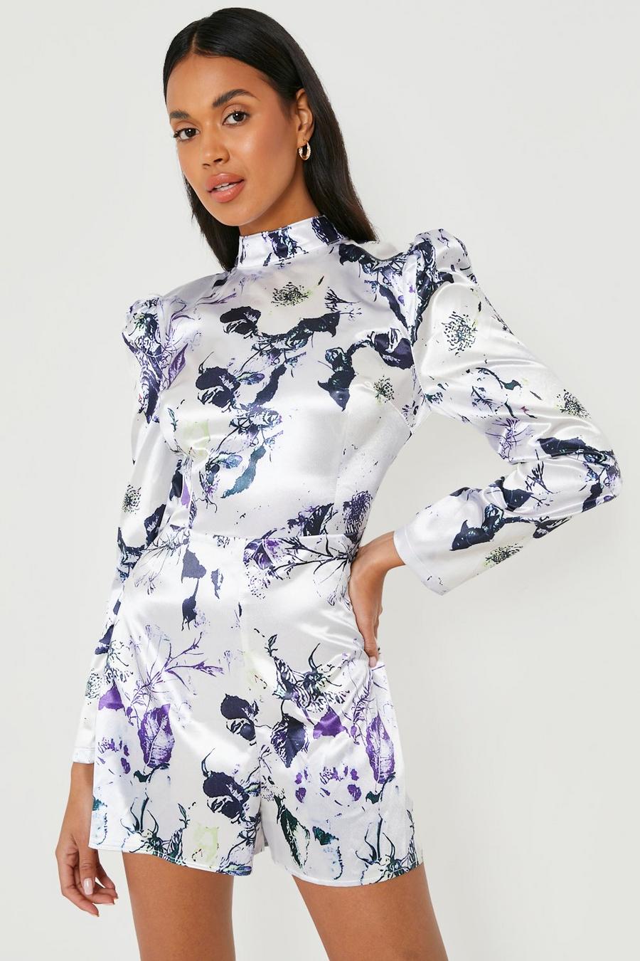 Lilac Floral High Neck Tailored Playsuit image number 1
