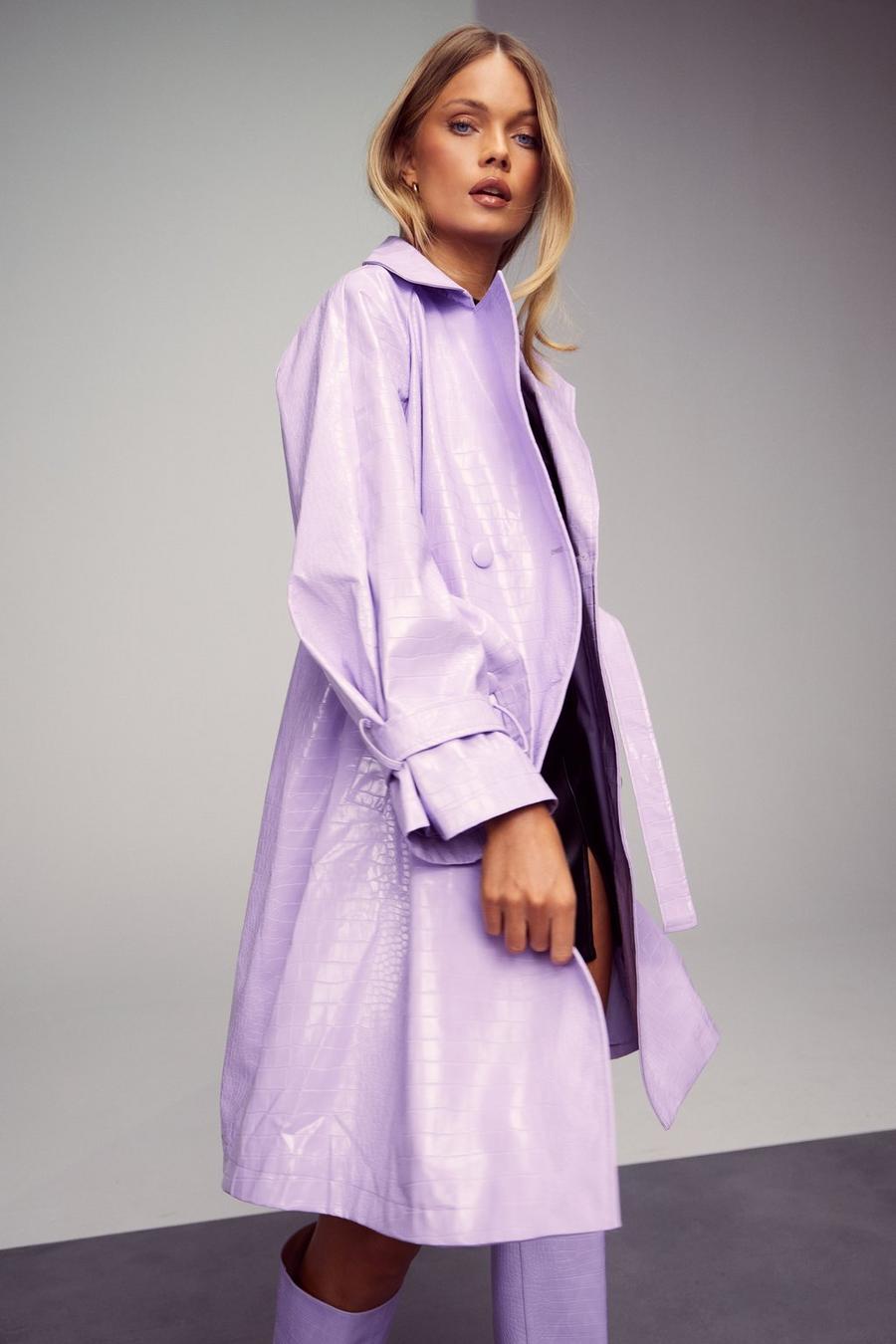 Lilac purple Belted Croc Faux Leather Trench Coat