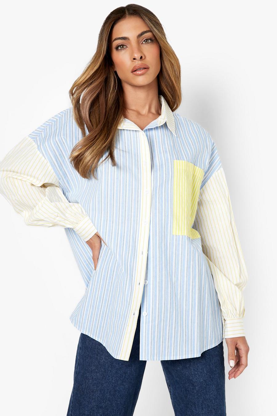 Camicia Petite oversize in raso a righe miste, Blue image number 1