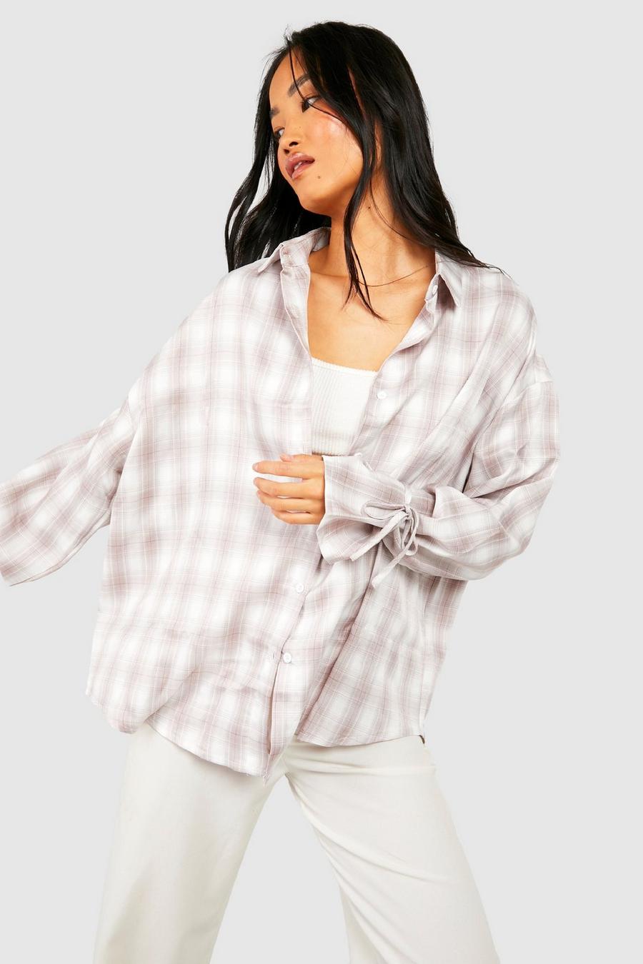 Grey Tie Cuff Oversized Checked Shirt image number 1