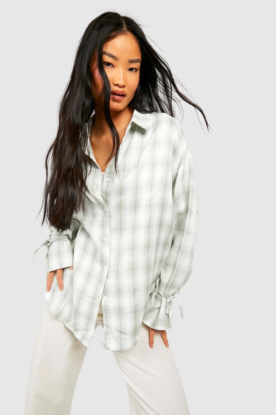Sage Tie Cuff Oversized Checked Shirt image number 1