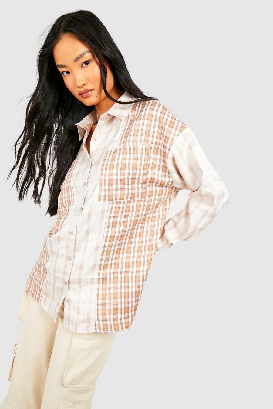 Stone beis Oversized Mix Checked Shirt