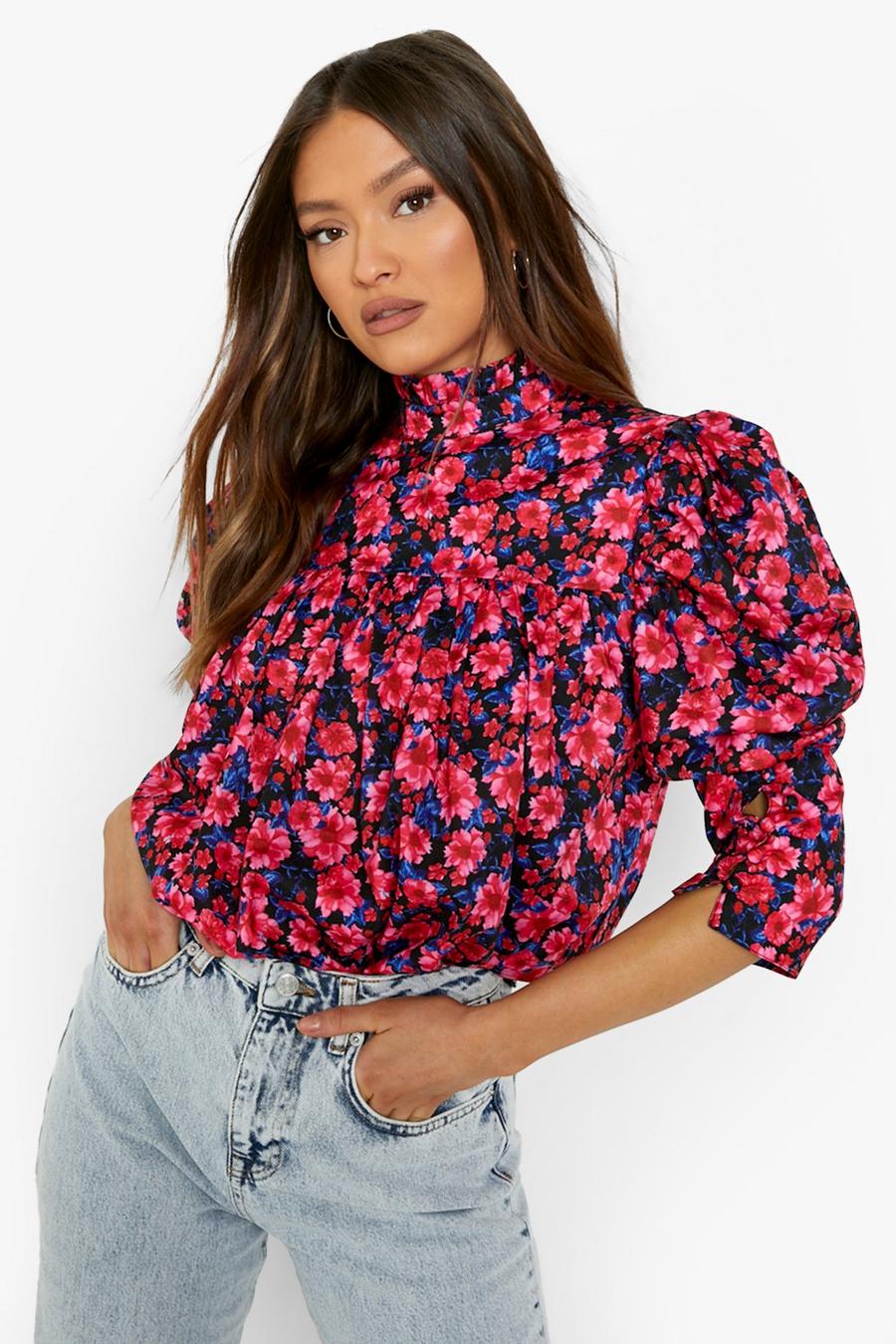 Pink Floral High Neck Ruched Sleeve Top image number 1
