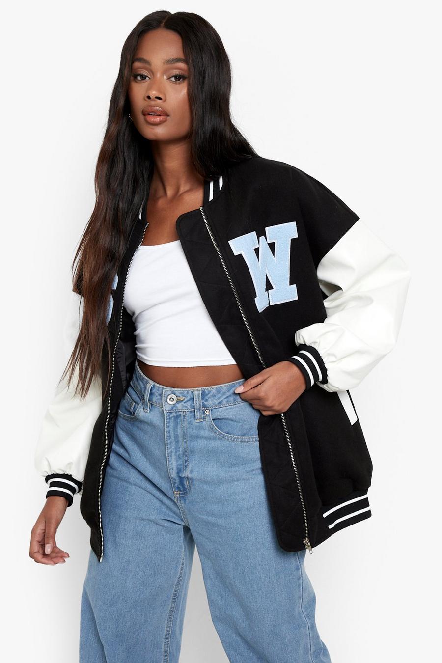 Black Oversized Varsity Bomber Jacket image number 1