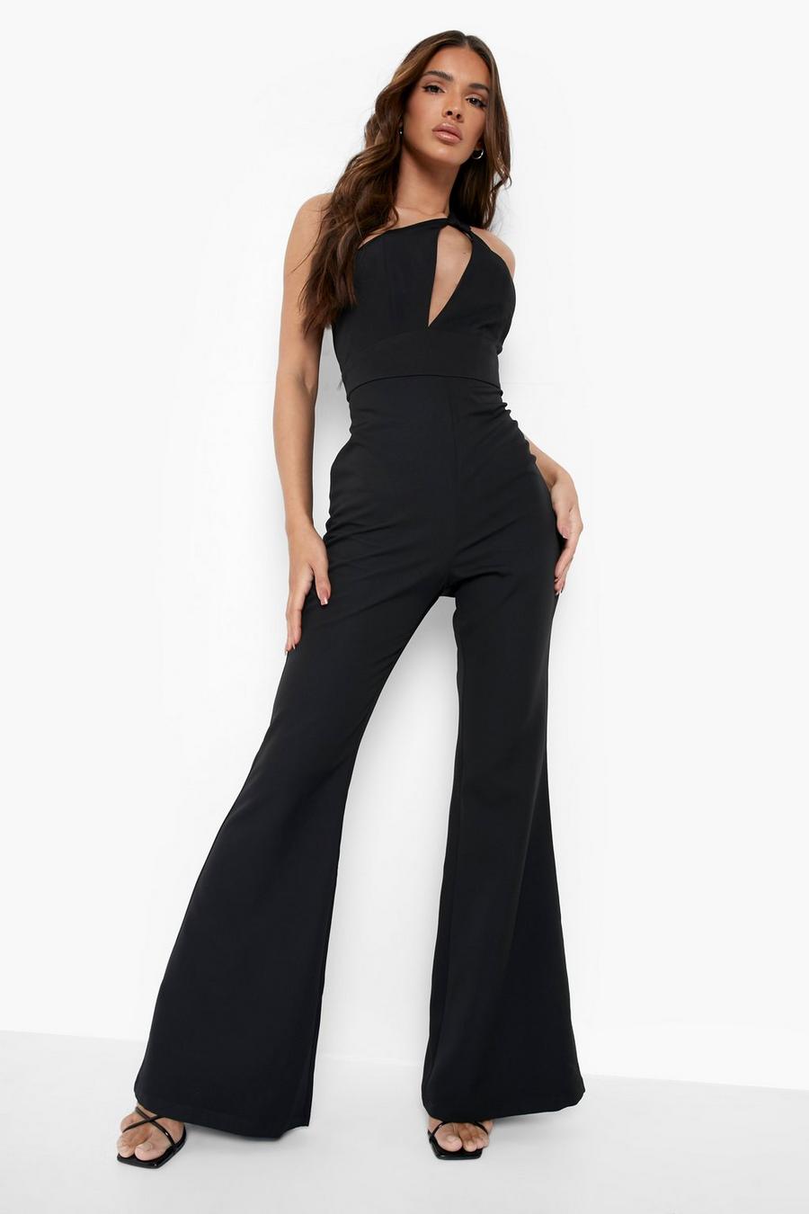 Black Asymmetric Cut Out Flared Jumpsuit image number 1