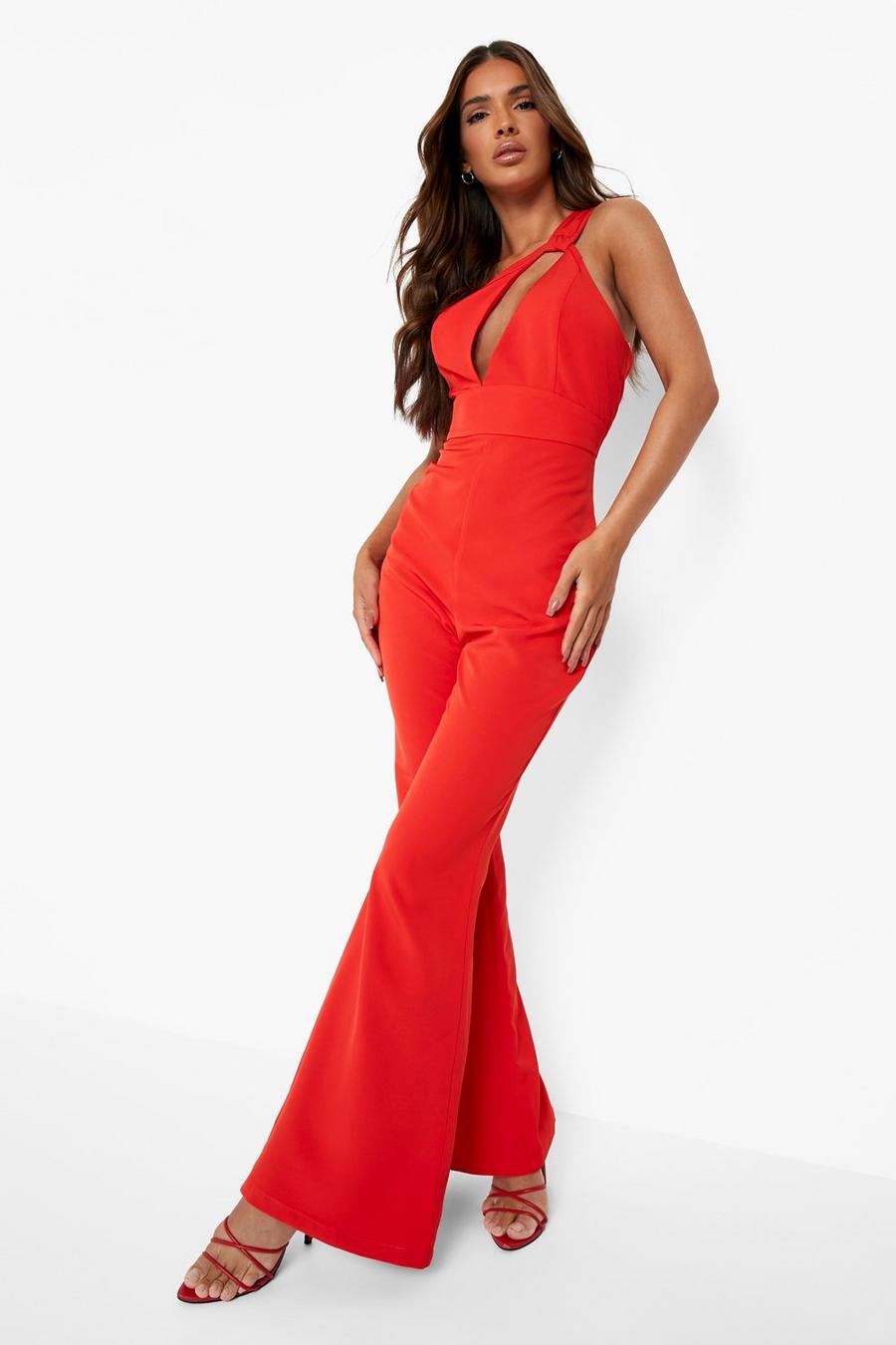 Red Asymmetric Cut Out Flared Jumpsuit image number 1