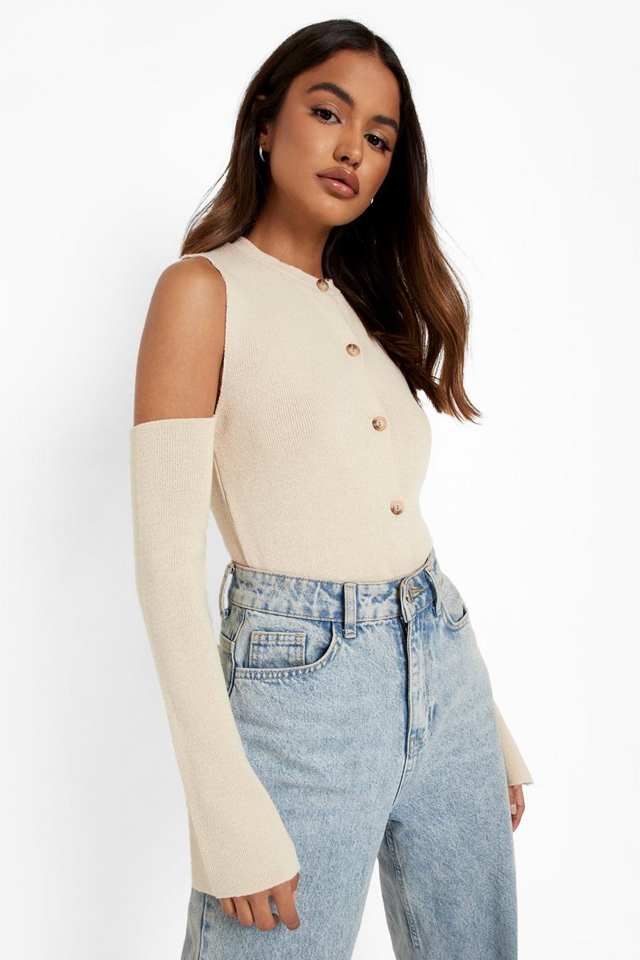 Cream white Cold Shoulder Knitted Cardigan