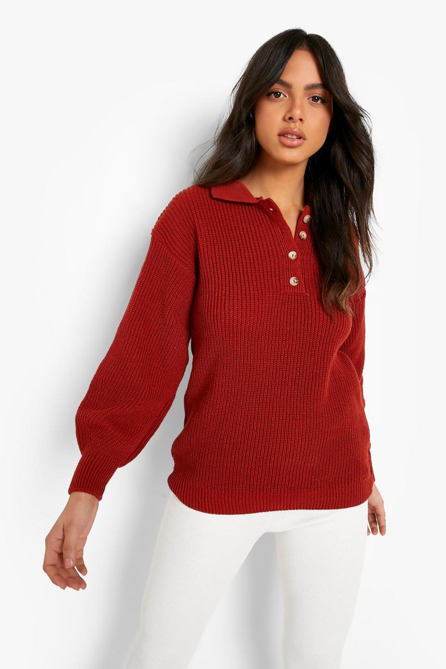Rust Fisherman Knit With Collar And Button Placket image number 1