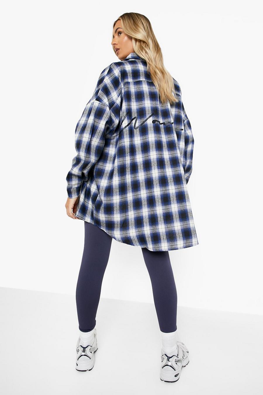Navy Woman Back Print Oversized Flannel Shirt image number 1