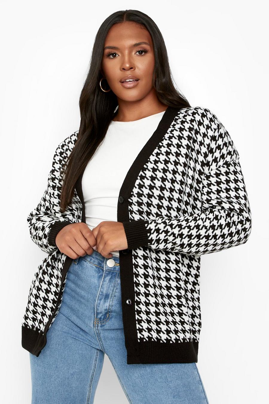 Black Plus Houndstooth Knitted Cardigan image number 1