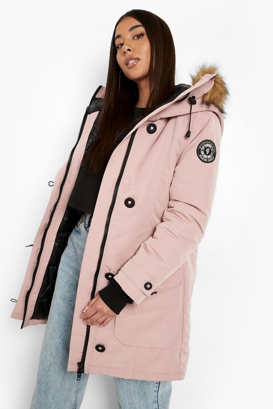 Pink Faux Fur Trim Hooded Padded Jacket image number 1