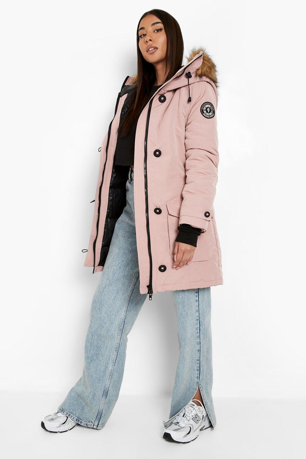 pink faux fur trim hooded parka