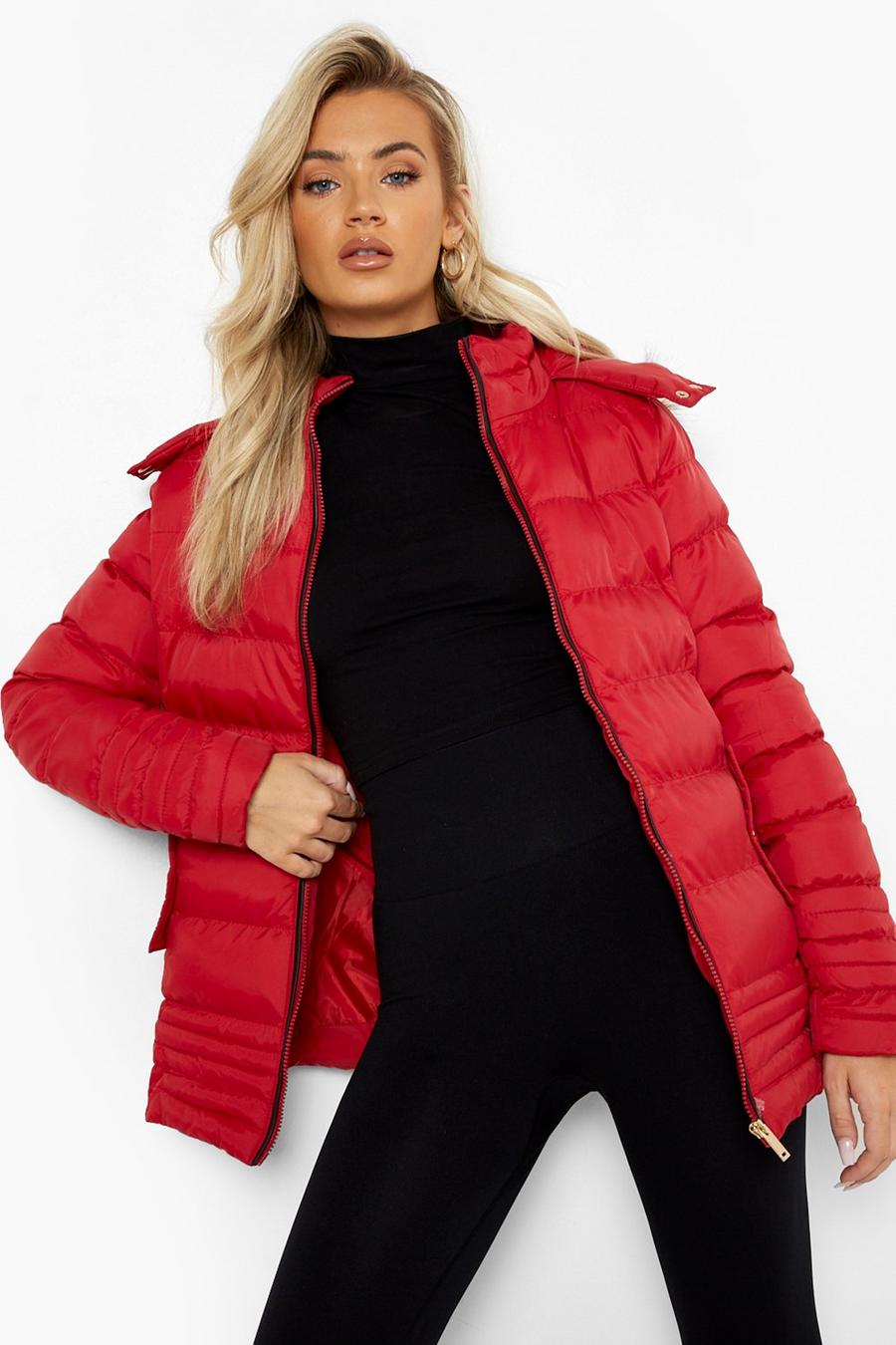 Red Quilted Faux Fur Trim Jacket image number 1