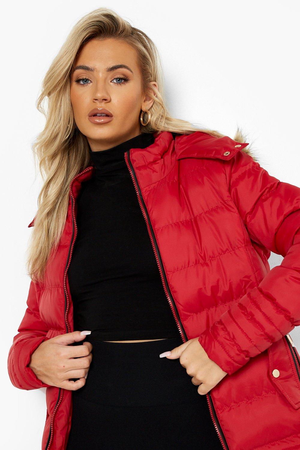 Red puffer hot sale jacket boohoo