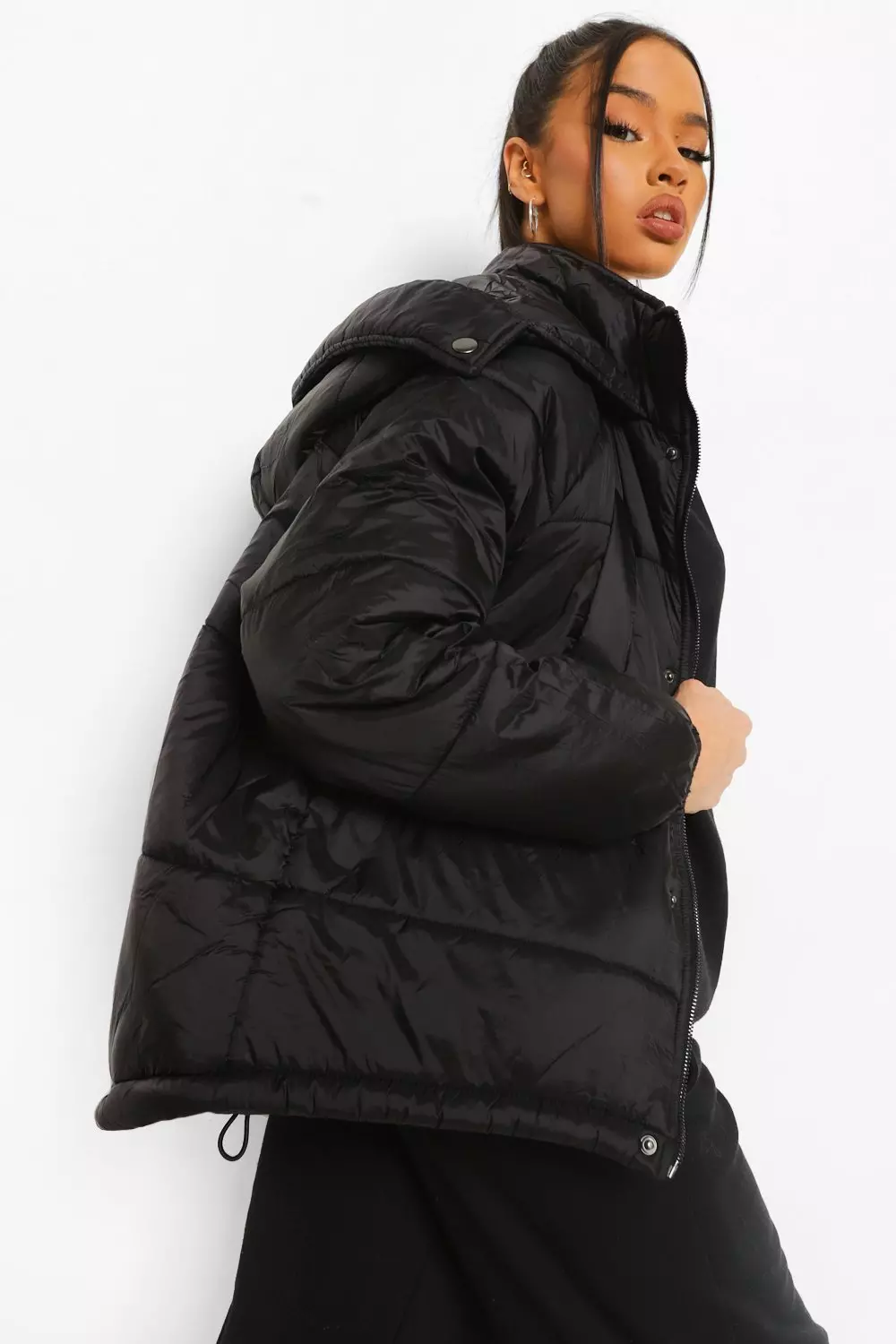 Black Short Oversized Hooded Puffer Jacket