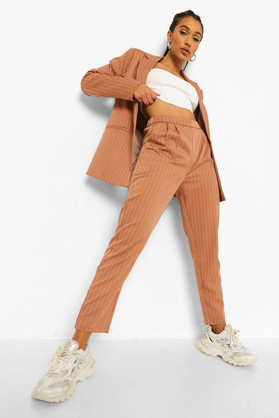 Caramel Pinstripe Slouchy Tailored Pants image number 1